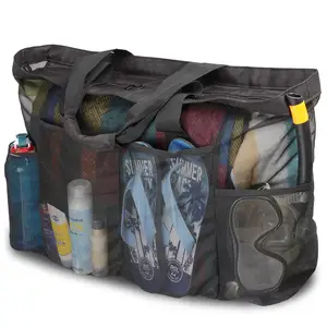 家族のビーチ旅行に最適なジッパーとポケット付きのカスタム特大ビーチバッグメッシュトートバッグ