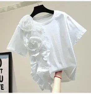 Новая 2023 весна/лето модная повседневная хлопковая 3D Цветочная свободная деревянная женская футболка