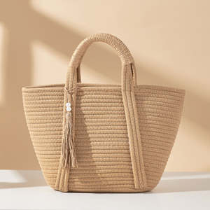 Sac à main décontracté pour femme en corde de coton de grande capacité, respectueux de l'environnement, avec pompon, sac de plage - Product Image 5