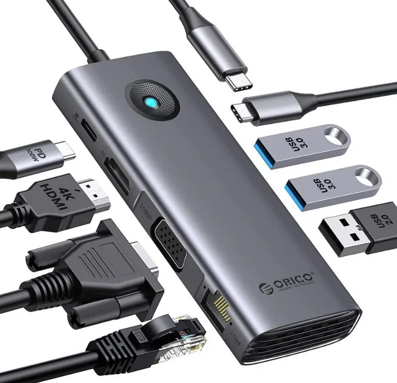 OEM 8-in-1 노트북 USB C 도크 (4K HDMI,VGA, 기가비트 이더넷, 3 * USB 3.0 및 1 * USB 2.0, MacBook, iPad와 호환되는 PD 100W)