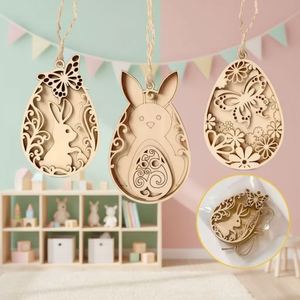 Factory Easter <b>Wooden</b> Pendant Children's Graffiti Multi-Layered Bunny Egg <b>Slices</b> for Creative Home Hanging Easter Decorations - Product Image 1