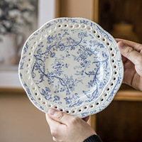 Assiette en céramique bleue vintage à motifs floraux, élégante, pour dîner, salade, dessert, vaisselle décorative