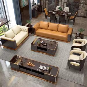 أريكة تشيسترفيلد فاخرة على الطراز الأمريكي من الجلد الطبيعي البني لمشاريع الفلل وأثاث غرف المعيشة المنزلية - Product Image 4