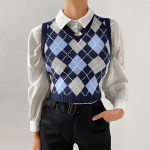 V-Neck Vintage Argyle Sweater Vest Women Y2K Black Sleeveless Knitted Crop Sweaters Casual Autumn Preppy Style