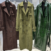 Damen Vintage Wildleder Langer Trenchcoat mit Gürtel Echtes Schafsleder Herbst Winddichter Mantel
