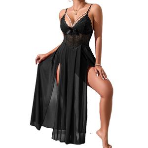 Camicia <span class=keywords><strong>da</strong></span> <span class=keywords><strong>Notte</strong></span> Sexy in Pizzo Stile Europeo-Americano con Scollo Profondo a V e Spacco Alto, Trasparente, Multicolore - Product Image 1