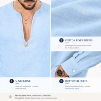 Chemise Henley décontractée à manches longues et col en V pour homme, respirante, coupe régulière, en mélange coton-lin, idéale pour l'été et la plage, vente en gros