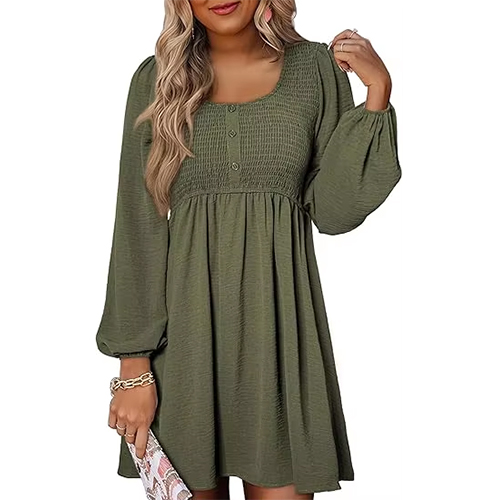 Factory Custom Womens 2024 Casual Dress Smocked Crewneck Button up Long  Sleeve Empire Waist A-Line Mini Dress| Alibaba.com