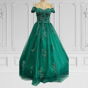 Off Shoulder Emerald Green Ball Gown Empire Waist Floral Print Evening Dress For Women Formal Party Prom Attire - Product Image 4