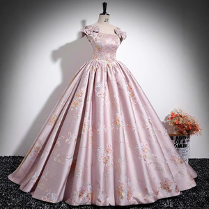 Off The Shoulder Floral Print Ball Gown Evening Dress Satin Empire Waistline Princess Dress For Birthday Party Bridal Banquet - Product Image 3