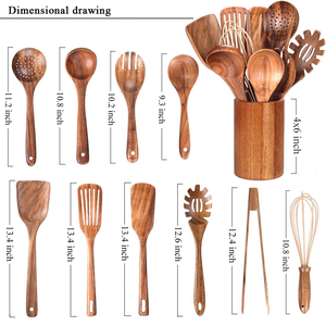 Juego de 11 utensilios de <span class=keywords><strong>cocina</strong></span> de madera <span class=keywords><strong>con</strong></span> soporte, cucharas, espátula y cucharón de madera de teca natural para cocinar en el hogar o en restaurantes. - Product Image 2