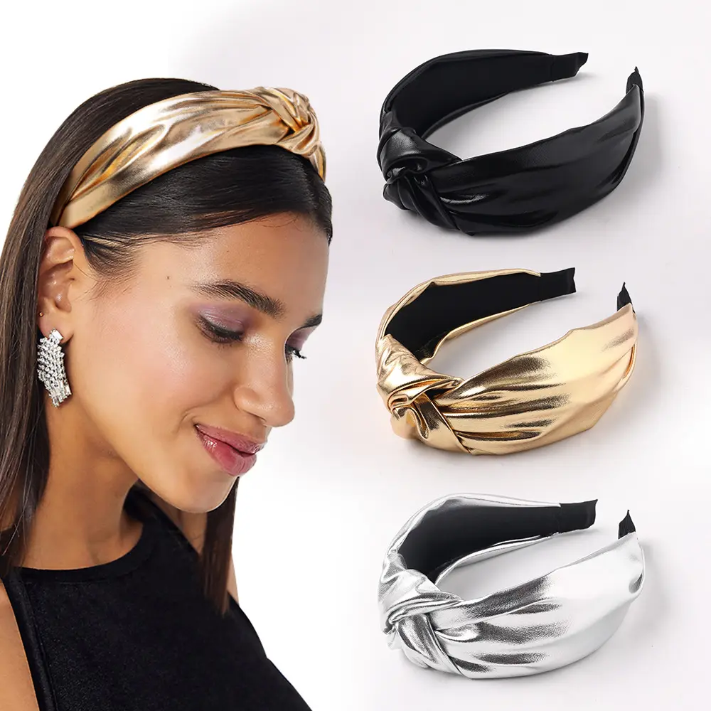 Fashion Colored Shiny PU Leather Knotted Wide Hairband Headband for Women Girls Hair accessories Wholesale