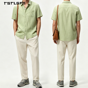 เสื้อเชิ้ตแขนสั้นผ้าลินินผสมฝ้ายสีเขียวอ่อน คอปกคลาสสิก ติดกระดุม สไตล์ Old Money เหมาะสำหรับใส่ไปเที่ยวชายหาดหรือพักผ่อนสบายๆ - Product Image 5