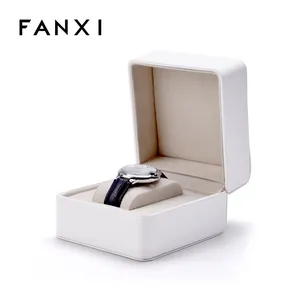 FANXI China, venta al por mayor, logotipo personalizado, caja de reloj de cuero de PU negro de lujo con costura, cajas de joyería, caja de embalaje de reloj blanco