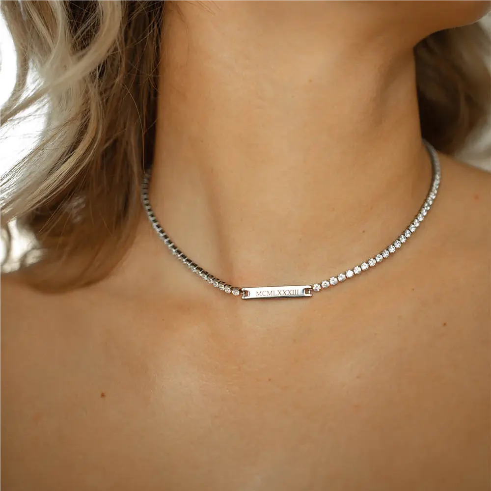 High Quality Women's Tennis Chain Necklace Bracelet Popular Zircon Tennis chain Customized Engraved name Blank bar Jewelry Set