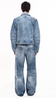 Jean décontracté coupe droite pour homme, style streetwear, effet délavé vintage, en coton biologique 13oz, finition torsadée sur les revers des jambes