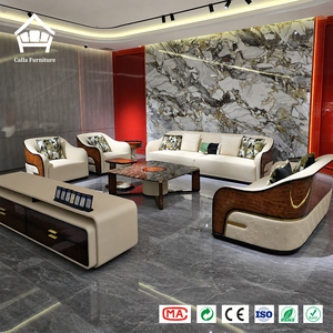 Set di Divani di Lusso per Soggiorno 1+2+3, Divano <span class=keywords><strong>in</strong></span> Legno e Pelle Crema con Tavolino <span class=keywords><strong>in</strong></span> <span class=keywords><strong>Marmo</strong></span>, Personalizzazione Completa per Tutta la Casa - Product Image 2