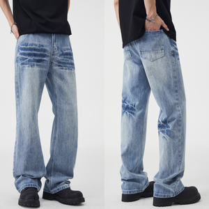 Pantalones vaqueros de corte recto de calle alta americana para <span class=keywords><strong>hombre</strong></span> Cleanfit Lightning Crack Wash and Tie Flower Pantalones de tela vaquera sólida Jeans para <span class=keywords><strong>hombre</strong></span> - Product Image 1