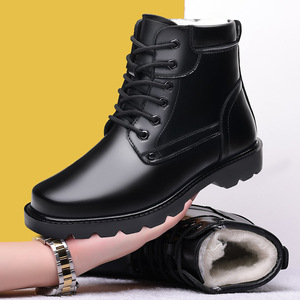 Men's Winter Fleece Lined Warm Boots Black <b>Wool</b> Lace Up Thickening 1 Cm Heel Mid Calf Waterproof Soft Leather Shoes - Product Image 1