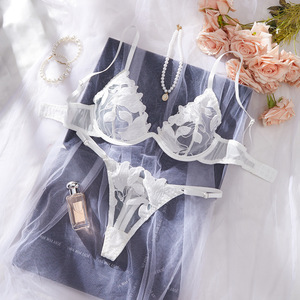 Ensemble de lingerie sexy pour femmes, soutien-gorge et culotte transparents avec broderie florale, très vendus - Product Image 1