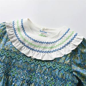 Vestito per bambini a maniche lunghe a maniche lunghe con fodera floreale in cotone da fumo con colletto ricamato a balze abbigliamento per bambini vestito da bambina - Product Image 3