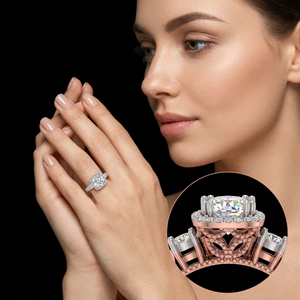Impresionante Anillo de Compromiso y Boda de Oro Rosa con Diamantes Cultivados en Laboratorio de 1.60ctw, Corte Cojín, Halo, Filigrana, Corazón y Banda con Acentos Pavé - Product Image 1