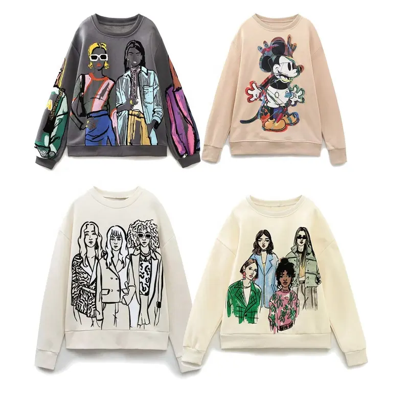 Moda gráfica impressão fleece camisola top mulheres chic cartoon blusas streetwear manga comprida pullover hoodies