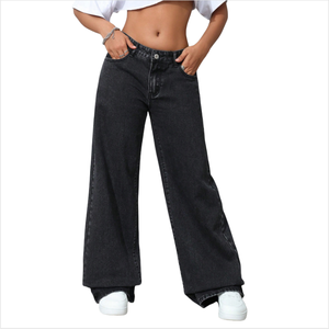 <span class=keywords><strong>Pantalon</strong></span> en jean ample à jambes larges pour femmes, noir et gris, élégant, respirant, lavable, denim, taille mi-haute, décontracté, simple, coupe ample, été, trou - Product Image 1
