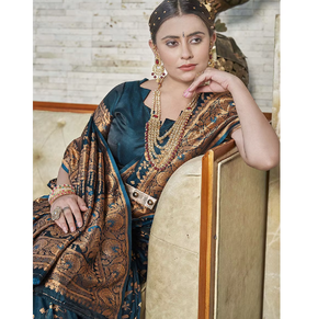 Conjunto de Falda para Mujer Elite Weaves Sweet Deep Blue Banarasi Jaal Katan Silk Zari, Tejido con Botones, 0.7g - Product Image 4