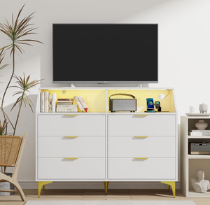 <span class=keywords><strong>Commode</strong></span> moderne à <span class=keywords><strong>6</strong></span> <span class=keywords><strong>tiroirs</strong></span> avec éclairage LED, station de charge intégrée, grande <span class=keywords><strong>commode</strong></span> double pour chambre et salon - Product Image 2