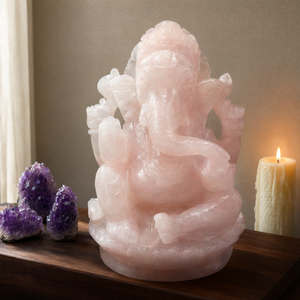 Gran estatua de Ganesh tallada a mano en cuarzo rosa - Escultura del Dios Ganesha en cristales y piedras preciosas - Reiki/Chakra - 10 pulgadas - Product Image 3