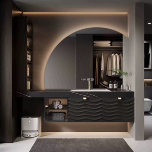 Mueble de baño moderno de lujo ligero con lavabo cerámico integrado, espejo semicircular inteligente con función antivaho. - Product Image 1