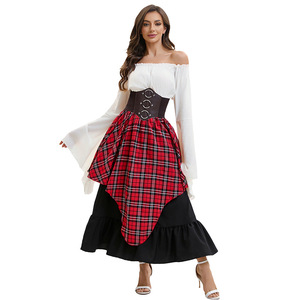 Ensemble haut à manches longues et épaules dénudées pour femme avec jupe midi à taille ceinturée, en mousseline à carreaux, ourlet irrégulier, tenue complète sans étiquette - Product Image 2