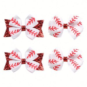 LX European American Sports Baseball Printed Hairpin <b>Red</b> Glitter Side Clip Ribbon Bowknot Full Clamp Plastic Kids 4inch Party - Product Image 5