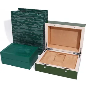 Оптовая продажа, дизайнерские элегантные чехлы для часов для роскошных подарочных коробок с большой сумкой, деревянная зеленая фирменная коробка для часов