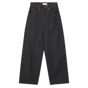 Custom Indigo Dark Washed Wide Leg Metal Rivets Studded <b>Jeans</b> Loose Baggy Fit Denim <b>Trousers</b> for <b>Men</b> - Product Image 2