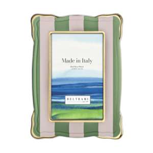 Beltrami Photo <b>Frame</b> 4x6 Silver Plated Green <b>White</b> Striped Gold Edge Wood Back - Product Image 1