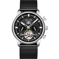 Montre mécanique automatique pour homme, boîtier en or rose, bracelet en maille, cadran squelette, sous-cadrans multifonctionnels, étanche, montre-bracelet pour affaires
