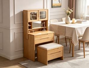 Modern Wooden Makeup <b>Vanity</b> With Flip Top <b>Mirror</b> Multifunction Storage Drawer Stool Bedroom Furniture Pine Wood Design - Product Image 4