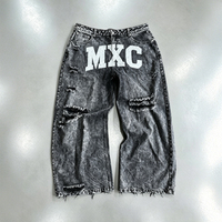 Jean baggy déchiré délavé à l'acide avec logo personnalisé, imprimé vintage, jambe large, ourlet effiloché, style Y2K streetwear