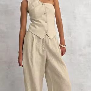 Trajes de Lino Casuales de Verano para Mujer, Cintura Alta, Sin Mangas, Un Hombro Descubierto, con Bolsillos, Conjunto de Dos Piezas a la Moda - Product Image 2