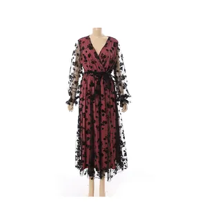 Новейший дизайн, женское Сетчатое платье с V-образным вырезом и длинным рукавом, кружевное платье с цветочным принтом, Сетчатое вечернее платье
