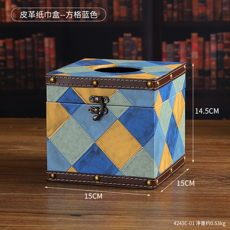 4243C-01 Leather Tissue Box - Checkered Blue