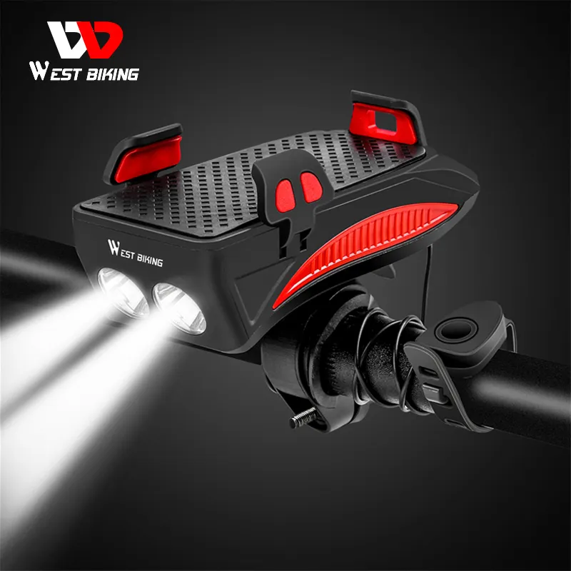 WEST BIKING Đa Chức Năng USB Xe Đạp Có Thể Sạc Lại Đèn Phía Trước Xe Đạp Có Còi Điện Thoại Giá Đỡ Đế Chống Nước Đèn Xe Đạp