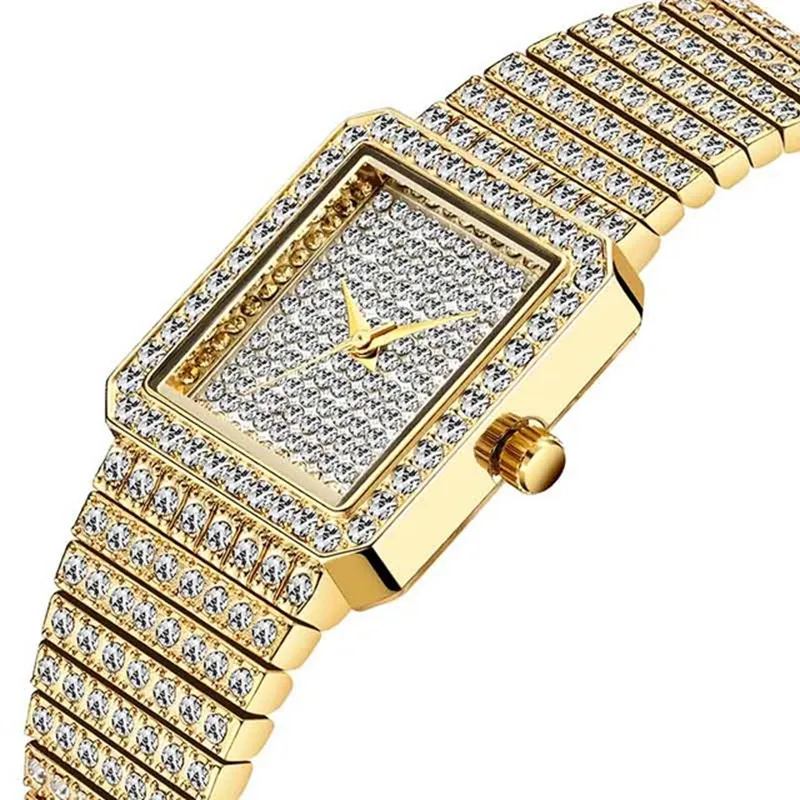 MISSFOX Diamant Horloge Voor Vrouwen Luxe Merk Dames Gouden Vierkante Horloge Minimalistische Analoge Quartz Movt Unieke Vrouwelijke Iced Out Horloge