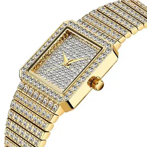 MISSFOX 女士钻石手表奢华品牌女士黄金方形手表极简主义模拟石英 Movt 独特女性冰钻手表