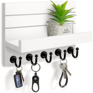 Wooden Wall Mounted Mail <b>Rack</b> With Hooks And <b>Shelf</b> For Keys And Mail Storage White 10 In X 6.85 In - Product Image 4