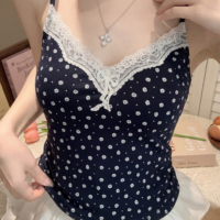Chemise Camisole Légère et Douce à Pois Floraux avec Bordure en Dentelle, Col en V et Nœud Décoratif, Sans Manches, Camisole Basique pour Femmes