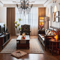 Ensemble de canapés en cuir véritable de style américain rétro en bois massif, cuir de vachette première couche, rembourrage en éponge haute densité et latex, pour salon