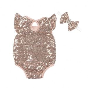 Vêtements pour bébés et tout-petits en coton, couleur unie, paillettes, combinaison pour nouveau-né avec bandeau - Product Image 2